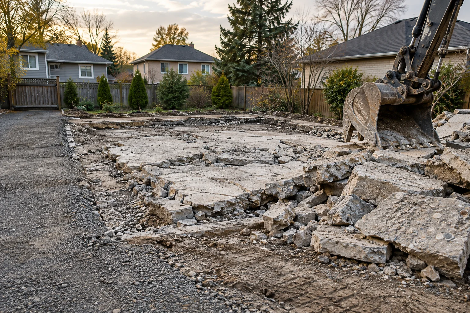 Illustrative concrete removal at a detached garage footprint with an excavator bucket and broken slab.