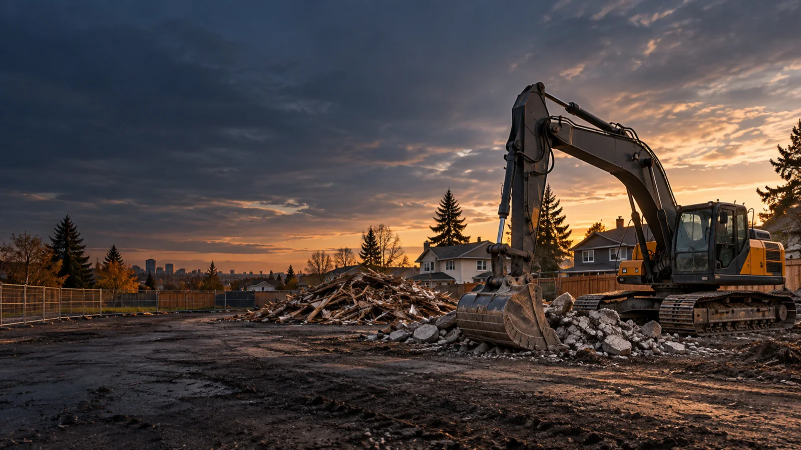 Illustrative residential demolition site with a stationary excavator and separated timber and concrete.