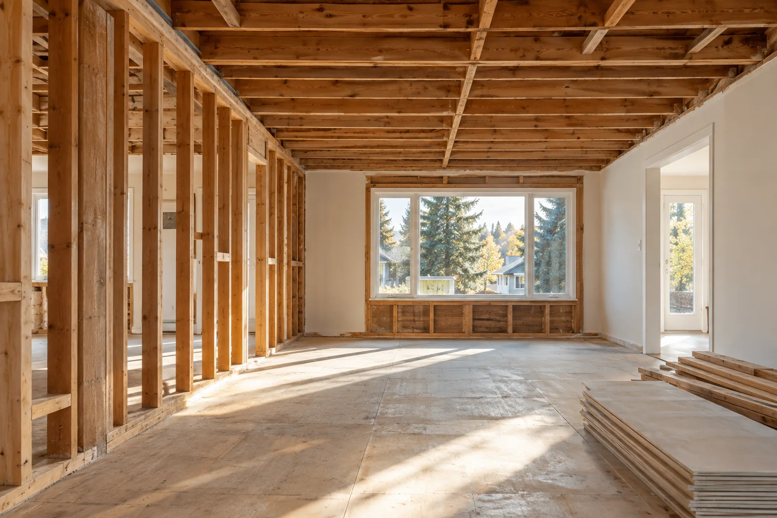 Illustrative interior strip-out with exposed timber framing and retained structural elements.